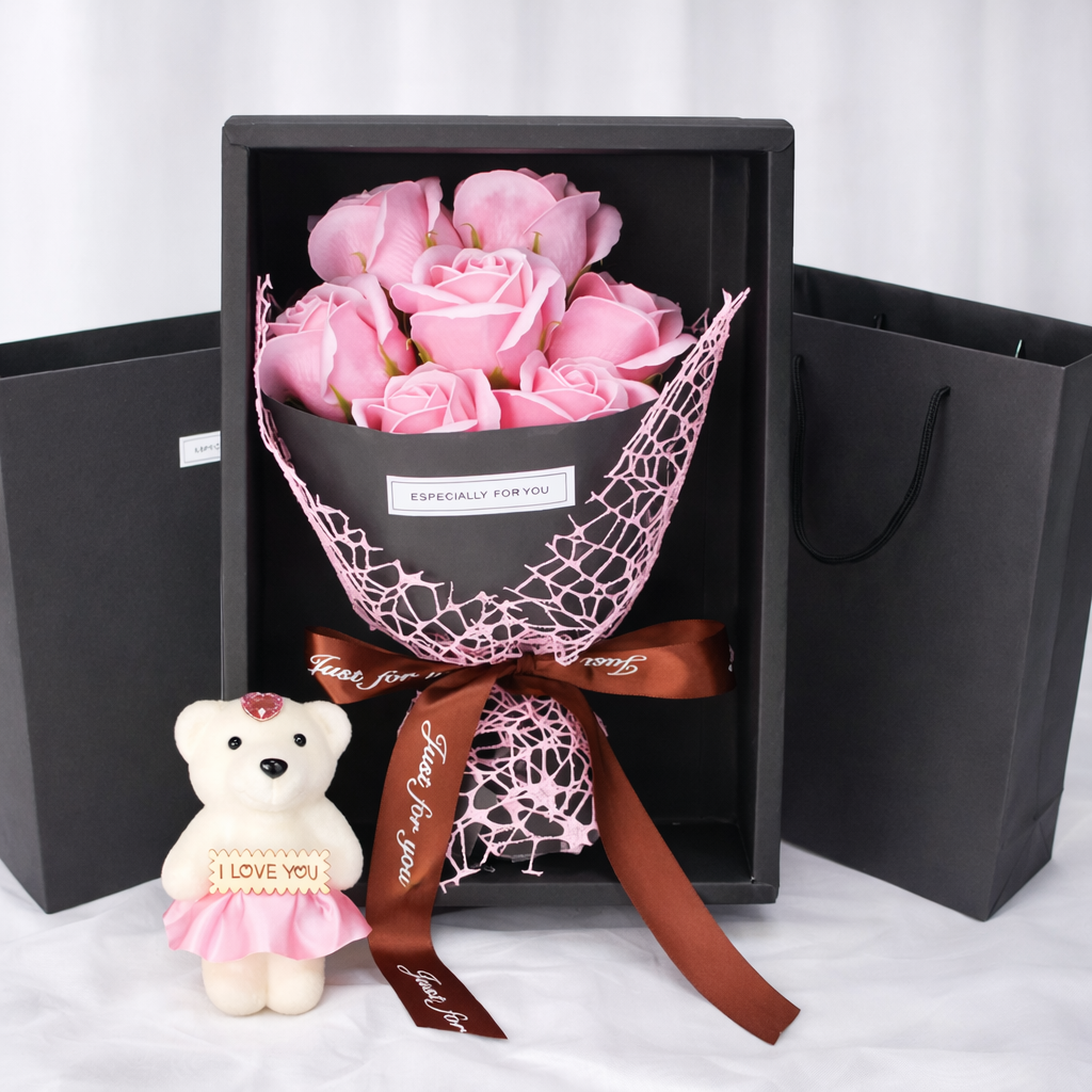 Valentine'S Day Artificial Flowers 7 Rose Soap Bouquet Gift Box Teddy Bear Flower Creative Valentine'S Day Gift Home Decor