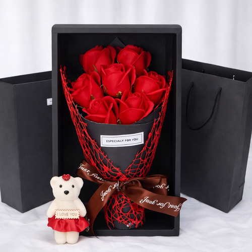 Valentine'S Day Artificial Flowers 7 Rose Soap Bouquet Gift Box Teddy Bear Flower Creative Valentine'S Day Gift Home Decor