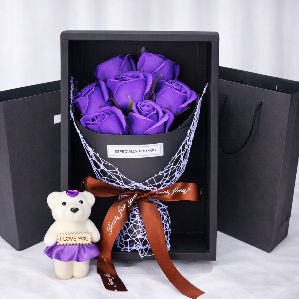 Valentine'S Day Artificial Flowers 7 Rose Soap Bouquet Gift Box Teddy Bear Flower Creative Valentine'S Day Gift Home Decor