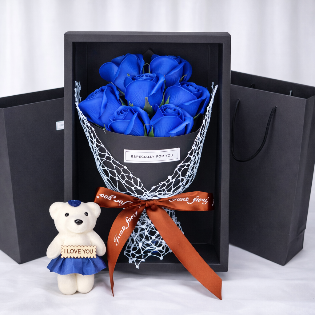 Valentine'S Day Artificial Flowers 7 Rose Soap Bouquet Gift Box Teddy Bear Flower Creative Valentine'S Day Gift Home Decor