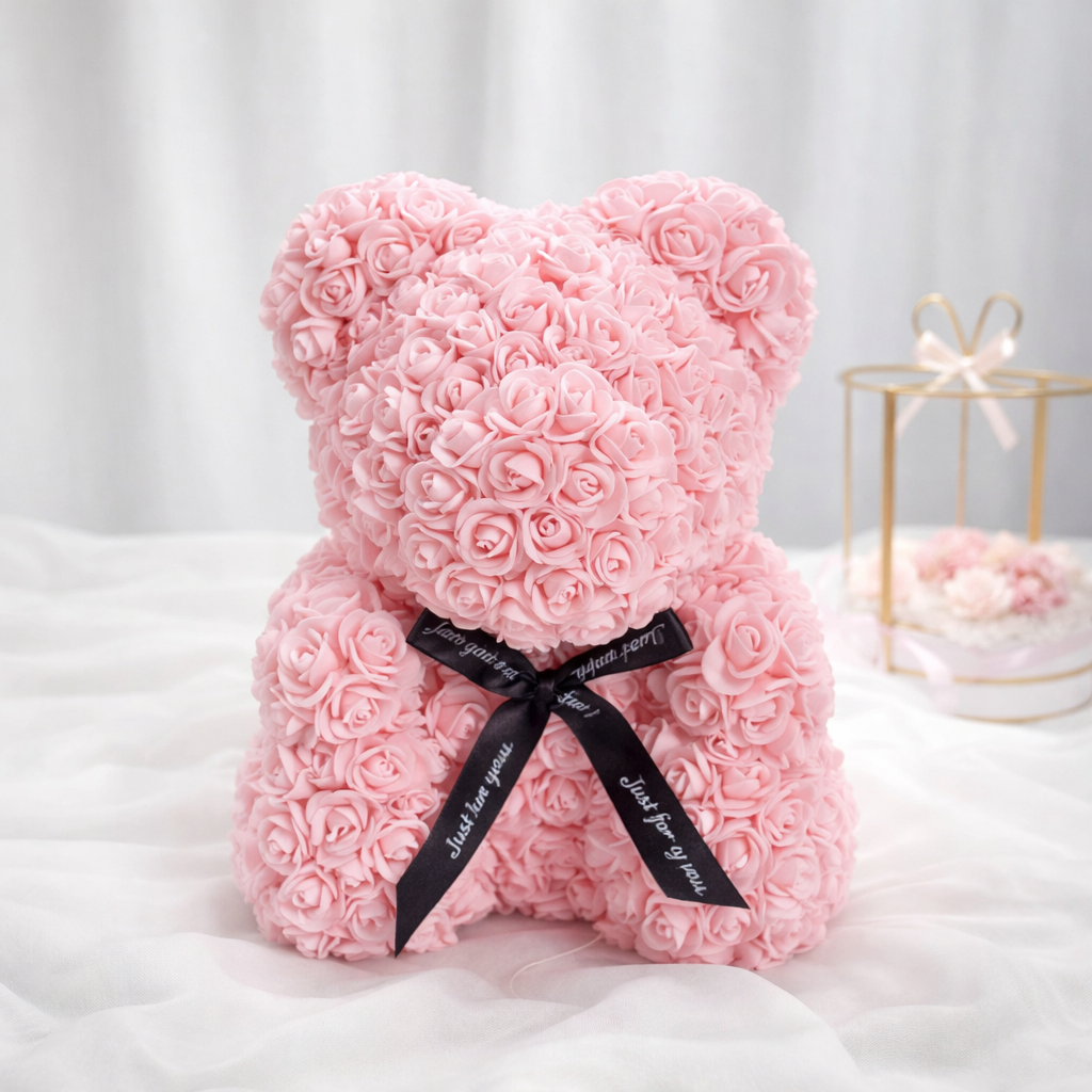 Luxury Rose Bear Teddy 25cm  – An Everlasting Symbol of Love, Handmade Artificial Foam Rose Gift for Valentine’s Day & Special Moments