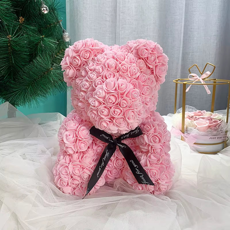 Luxury Rose Bear Teddy 25cm  – An Everlasting Symbol of Love, Handmade Artificial Foam Rose Gift for Valentine’s Day & Special Moments